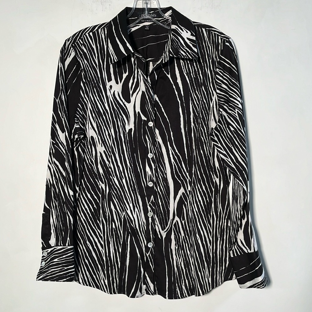 PAPERWHITE Artsy Career Woodgrain Button L. SLV Made/Italy B/W Cotton Blouse 12